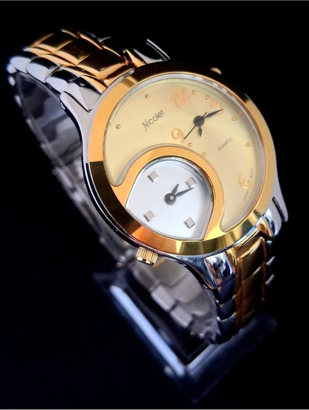 RARE Vintage Nicolet NC1070 Two Tone Dual Time Quartz Men's Swiss Watch